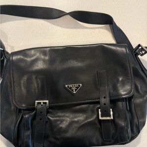 Prada Black Leather Buckle-Front Messenger Bag